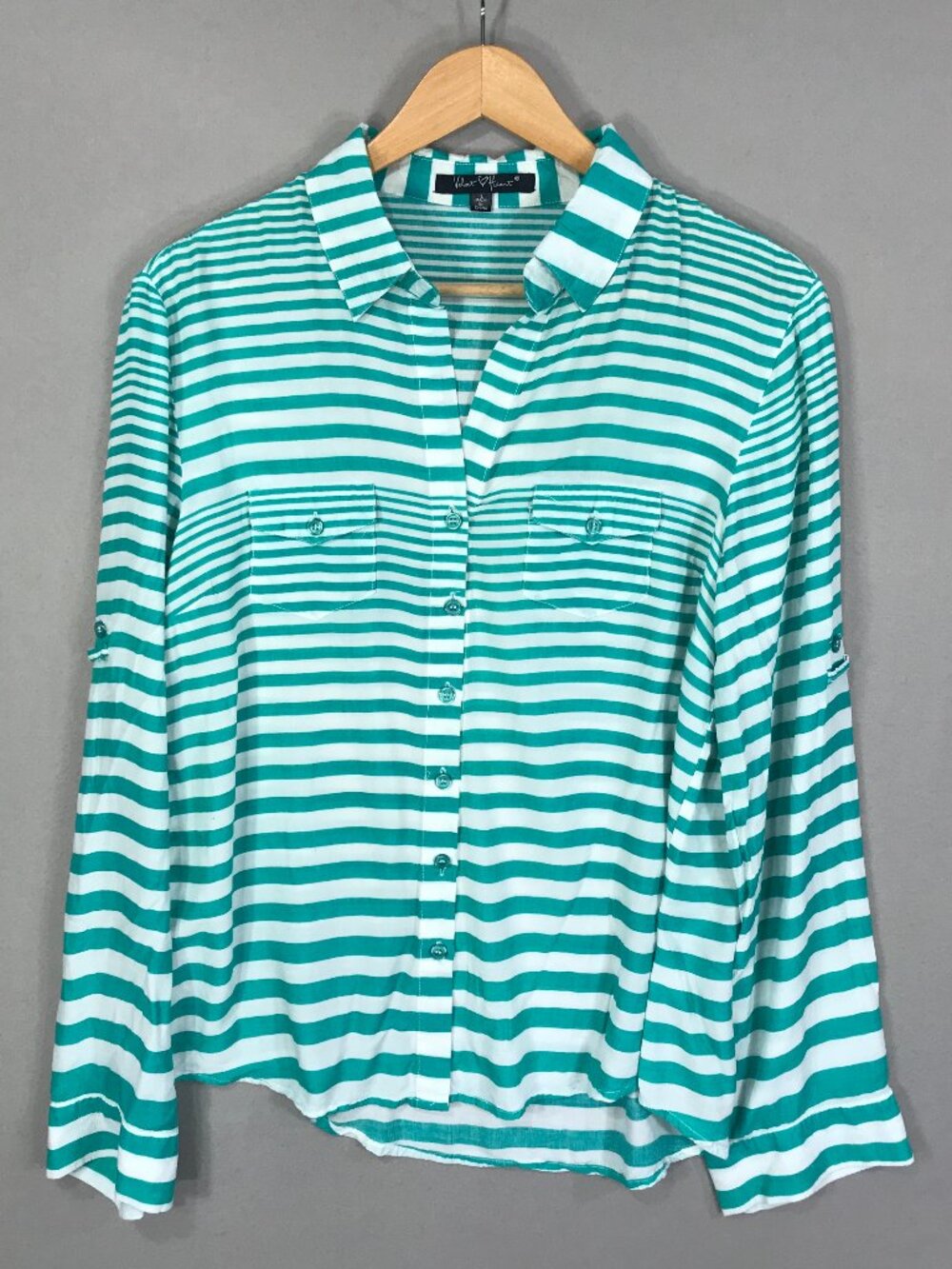 Velvet Heart Shirt Women's Large Green Striped Button Up Roll Tab High Low Beach